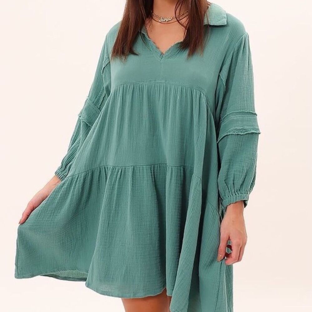 NWT &merci Dusty Teal Long Sleeve Tiered Peasant Distressed Dress w/ Collar Sz L